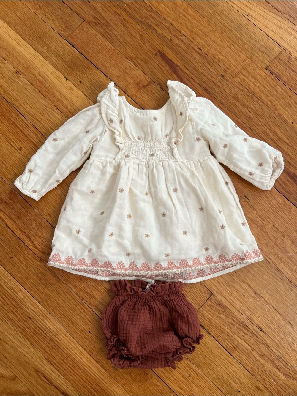 ZARA Cream Embroidered Baby Dress with Rust Bloomer Set 3-6M